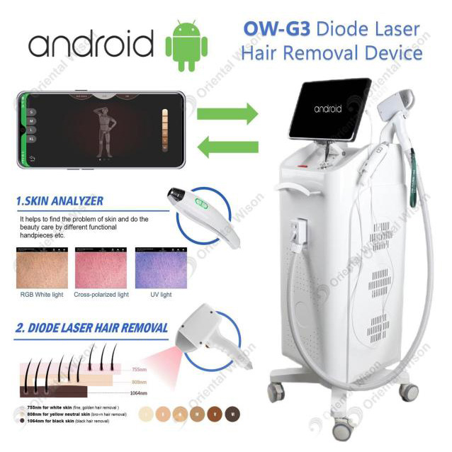 เครื่องกำจัดขนเลเซอร์ระบบไดโอดระบบ Android พร้อมเครื่องวิเคราะห์ผิวหนัง